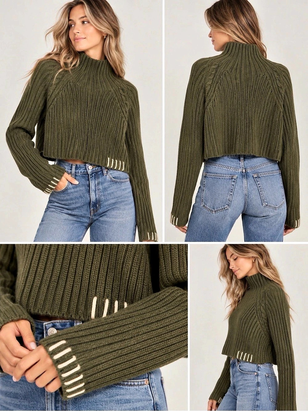Kerisma Olive Green Cropped Ribbed Mock Neck Contrast Stitch Sweater
S/M